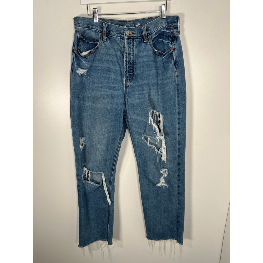 Old Navy Slouchy Straight Blue Distressed High Rise Jeans Edgy Grunge 12 Tall